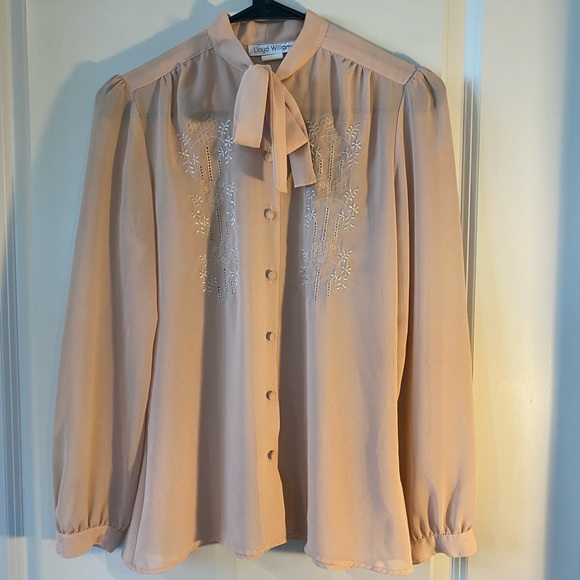Lloyd Williams Tops - Lloyd Williams Vintage Sheer Floral Embroidery Front Button Up Pussy Bow top, 8